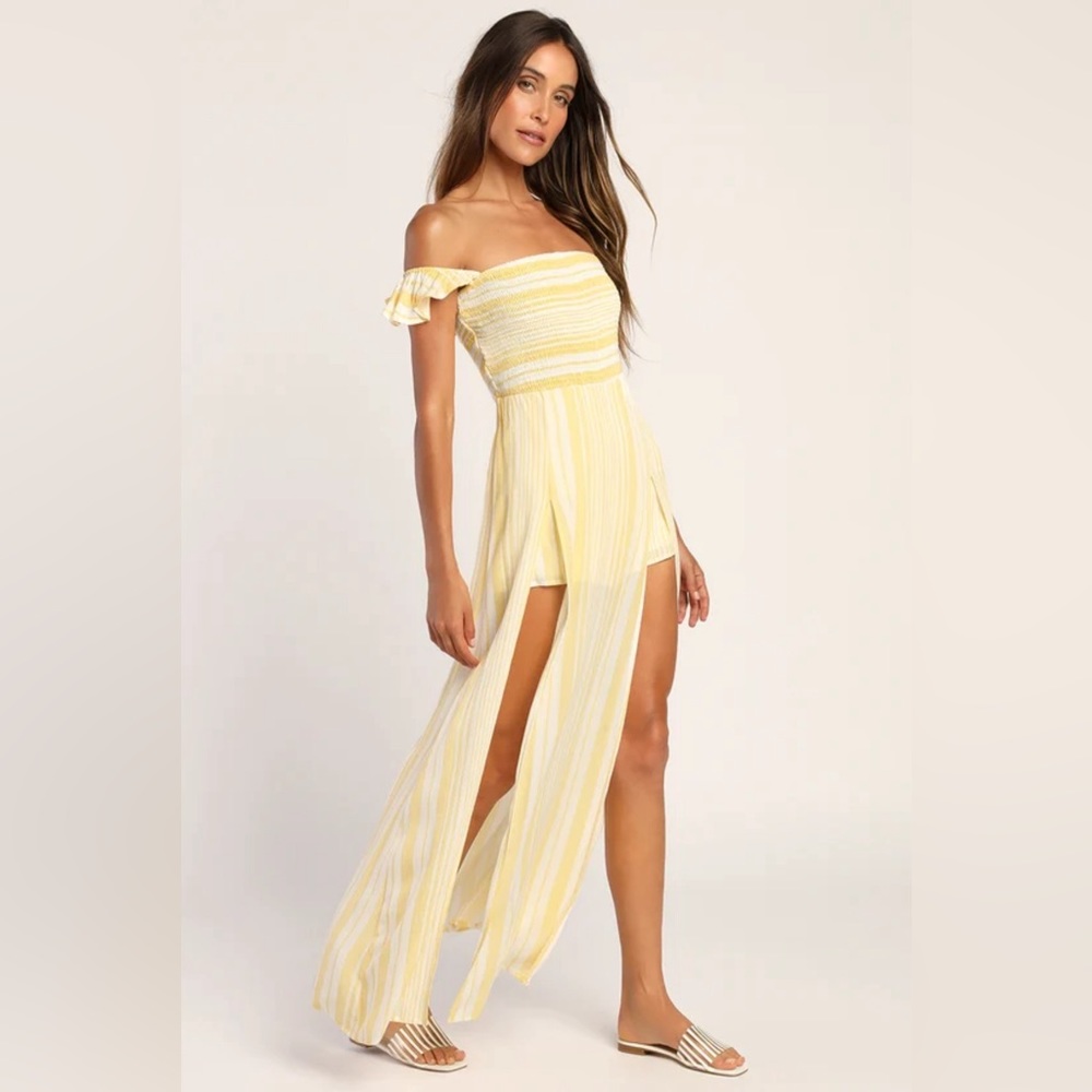 Lulus yellow striped off the shoulder maxi romper size XL NWT